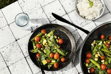 Sugar Snap Pea, Corn, & Tomato Stir Fry with Ginger and Basil